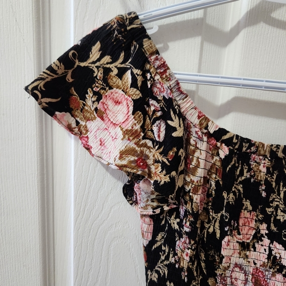 Black pink green floral maxi ruffle off shoulder dress Lace & Mesh Modcloth XXS - Picture 5 of 10
